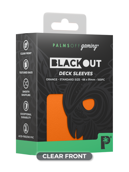 Palms Off Gaming Blackout standard size deck sleeves in orange, perfect for playing Pokémon, One Piece, Magic: The Gathering, Lorcana and more.