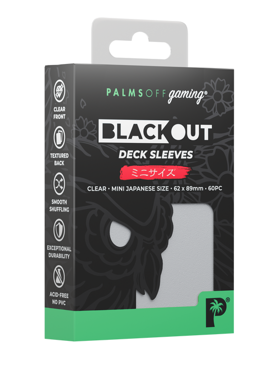 Palms Off Gaming Blackout Japanese mini size deck sleeves in clear, perfect for playing Yu-Gi-Oh! and more. Palms Off Gaming Blackout Japanese mini size deck sleeves in clear, perfect for playing Yu-Gi-Oh! and more.