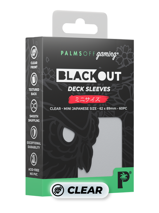 Palms Off Gaming Blackout Japanese mini size deck sleeves in clear, perfect for playing Yu-Gi-Oh! and more. Palms Off Gaming Blackout Japanese mini size deck sleeves in clear, perfect for playing Yu-Gi-Oh! and more.