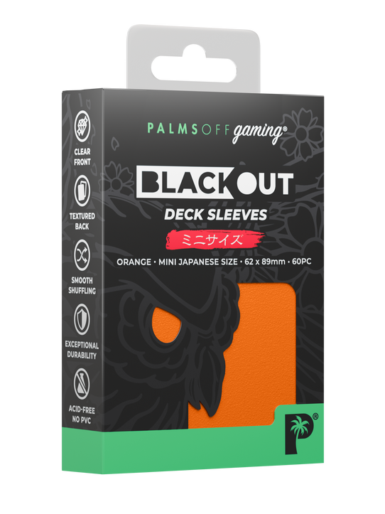 Palms Off Gaming Blackout Japanese mini size deck sleeves in orange, perfect for playing Yu-Gi-Oh! and more. Palms Off Gaming Blackout Japanese mini size deck sleeves in orange, perfect for playing Yu-Gi-Oh! and more.