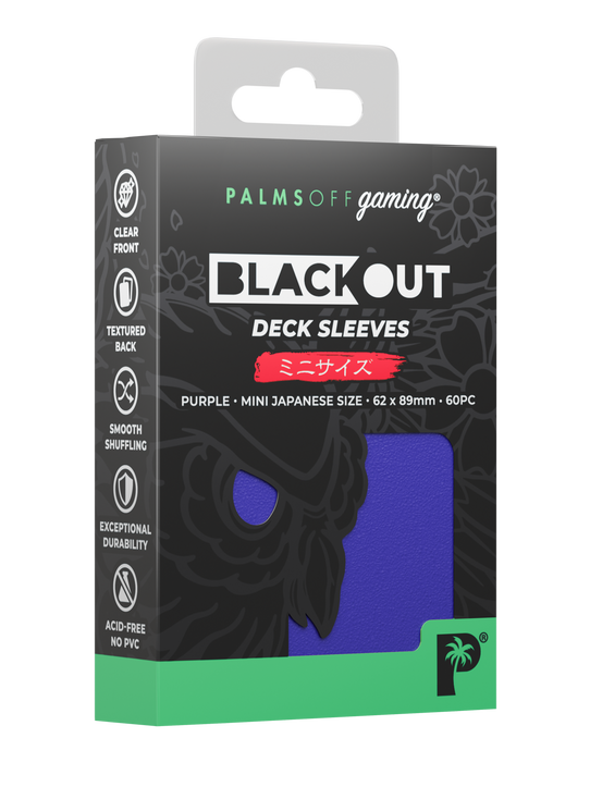 Palms Off Gaming Blackout Japanese mini size deck sleeves in purple, perfect for playing Yu-Gi-Oh! and more. Palms Off Gaming Blackout Japanese mini size deck sleeves in purple, perfect for playing Yu-Gi-Oh! and more.