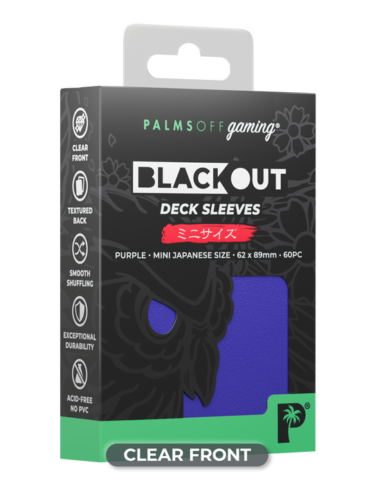 Palms Off Gaming Blackout Japanese mini size deck sleeves in purple, perfect for playing Yu-Gi-Oh! and more.