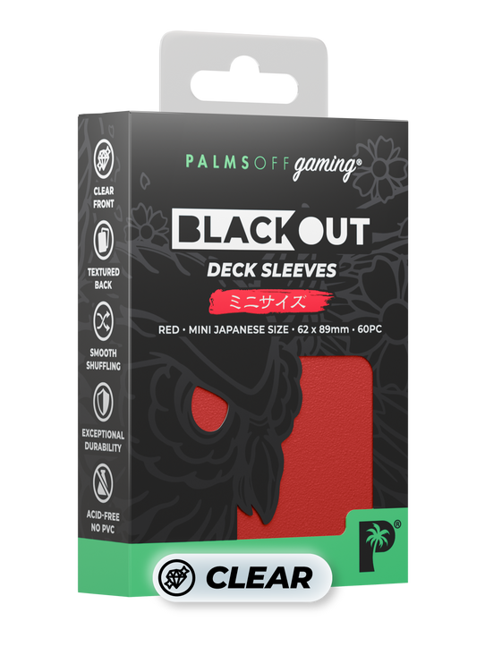 Palms Off Gaming Blackout Japanese mini size deck sleeves in red, perfect for playing Yu-Gi-Oh! and more.