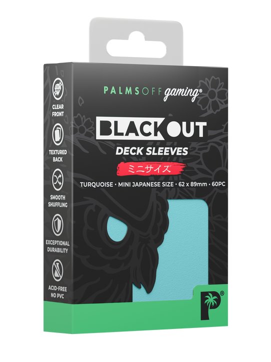 Palms Off Gaming Blackout Japanese mini size deck sleeves in turquoise, perfect for playing Yu-Gi-Oh! and more. Palms Off Gaming Blackout Japanese mini size deck sleeves in turquoise, perfect for playing Yu-Gi-Oh! and more.