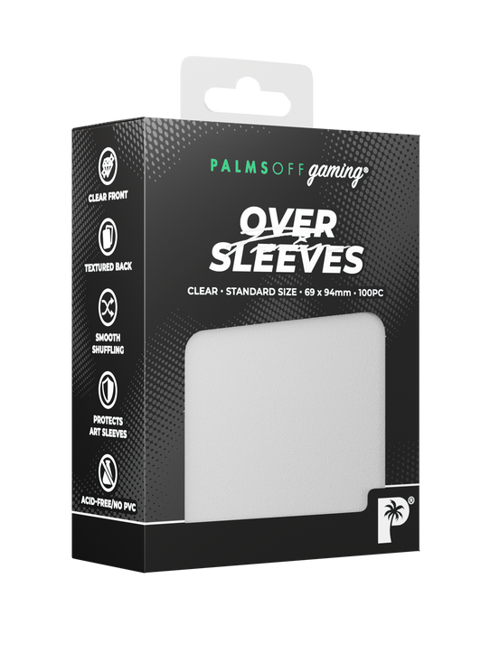 Palms Off Gaming standard size premium over sleeves, perfect additional protection for playing Pokémon, One Piece, Magic: The Gathering, Lorcana and more.