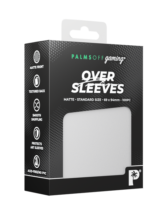 Palms Off Gaming standard size premium over sleeves, perfect additional protection for playing Pokémon, One Piece, Magic: The Gathering, Lorcana and more. Palms Off Gaming standard size premium over sleeves, perfect additional protection for playing Pokémon, One Piece, Magic: The Gathering, Lorcana and more.
