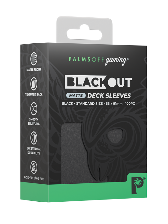 Palms Off Gaming Blackout standard size deck sleeves in black, perfect for playing Pokémon, One Piece, Magic: The Gathering, Lorcana and more. Palms Off Gaming Blackout standard size deck sleeves in black, perfect for playing Pokémon, One Piece, Magic: The Gathering, Lorcana and more.