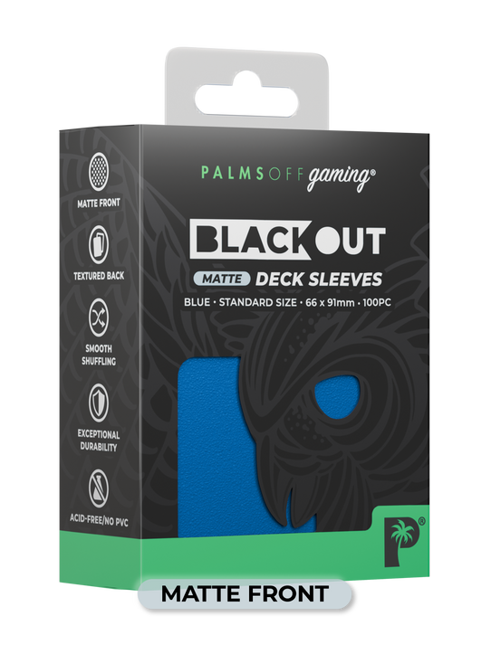 Palms Off Gaming Blackout standard size deck sleeves in blue, perfect for playing Pokémon, One Piece, Magic: The Gathering, Lorcana and more.