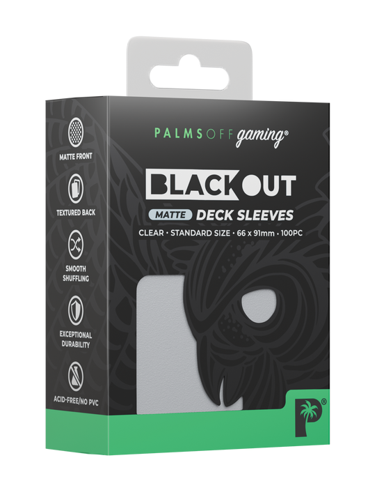 Palms Off Gaming Blackout standard size deck sleeves in clear, perfect for playing Pokémon, One Piece, Magic: The Gathering, Lorcana and more. Palms Off Gaming Blackout standard size deck sleeves in clear, perfect for playing Pokémon, One Piece, Magic: The Gathering, Lorcana and more.