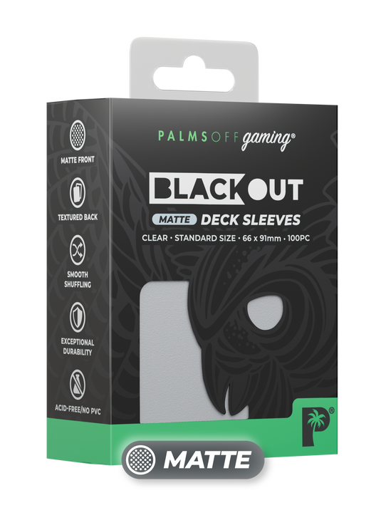 Palms Off Gaming Blackout standard size deck sleeves in clear, perfect for playing Pokémon, One Piece, Magic: The Gathering, Lorcana and more.