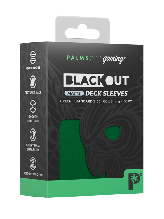 Palms Off Gaming Blackout standard size deck sleeves in green, perfect for playing Pokémon, One Piece, Magic: The Gathering, Lorcana and more.