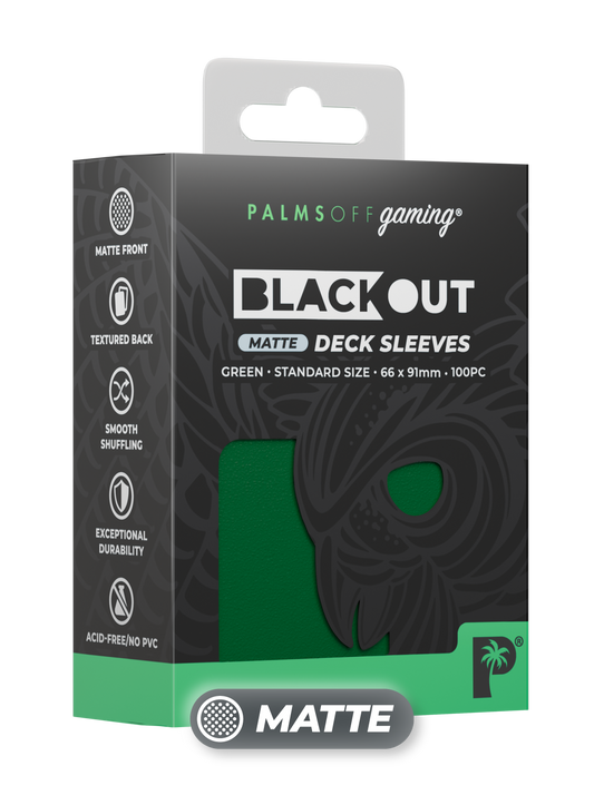 Palms Off Gaming Blackout standard size deck sleeves in green, perfect for playing Pokémon, One Piece, Magic: The Gathering, Lorcana and more. Palms Off Gaming Blackout standard size deck sleeves in green, perfect for playing Pokémon, One Piece, Magic: The Gathering, Lorcana and more.