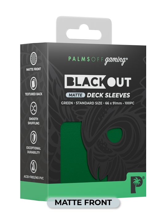 Palms Off Gaming Blackout standard size deck sleeves in green, perfect for playing Pokémon, One Piece, Magic: The Gathering, Lorcana and more.