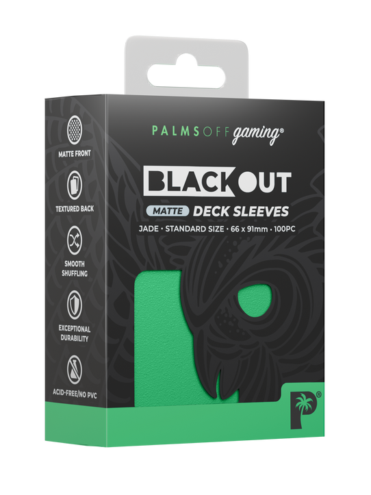 Palms Off Gaming Blackout standard size deck sleeves in jade, perfect for playing Pokémon, One Piece, Magic: The Gathering, Lorcana and more. Palms Off Gaming Blackout standard size deck sleeves in jade, perfect for playing Pokémon, One Piece, Magic: The Gathering, Lorcana and more.