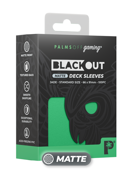 Palms Off Gaming Blackout standard size deck sleeves in jade, perfect for playing Pokémon, One Piece, Magic: The Gathering, Lorcana and more. Palms Off Gaming Blackout standard size deck sleeves in jade, perfect for playing Pokémon, One Piece, Magic: The Gathering, Lorcana and more.