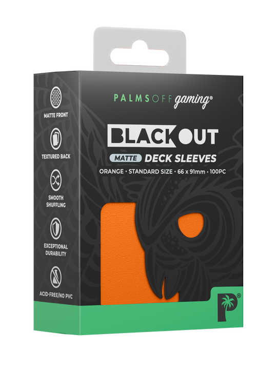 Palms Off Gaming Blackout standard size deck sleeves in orange, perfect for playing Pokémon, One Piece, Magic: The Gathering, Lorcana and more. Palms Off Gaming Blackout standard size deck sleeves in orange, perfect for playing Pokémon, One Piece, Magic: The Gathering, Lorcana and more.