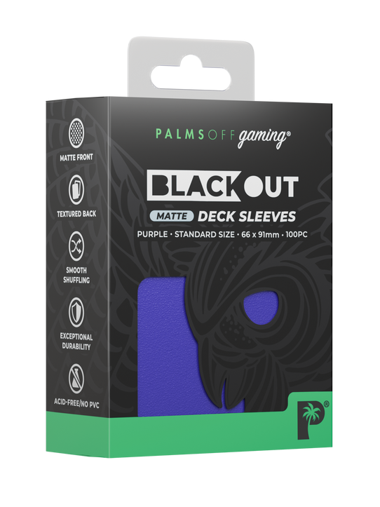 Palms Off Gaming Blackout standard size deck sleeves in purple, perfect for playing Pokémon, One Piece, Magic: The Gathering, Lorcana and more. Palms Off Gaming Blackout standard size deck sleeves in purple, perfect for playing Pokémon, One Piece, Magic: The Gathering, Lorcana and more.
