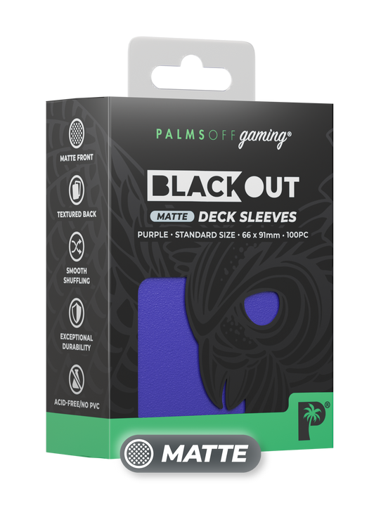 Palms Off Gaming Blackout standard size deck sleeves in purple, perfect for playing Pokémon, One Piece, Magic: The Gathering, Lorcana and more. Palms Off Gaming Blackout standard size deck sleeves in purple, perfect for playing Pokémon, One Piece, Magic: The Gathering, Lorcana and more.