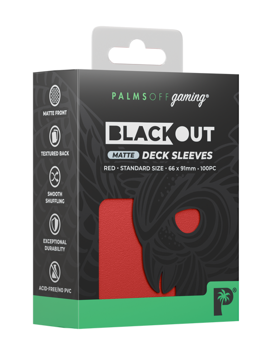 Palms Off Gaming Blackout standard size deck sleeves in red, perfect for playing Pokémon, One Piece, Magic: The Gathering, Lorcana and more. Palms Off Gaming Blackout standard size deck sleeves in red, perfect for playing Pokémon, One Piece, Magic: The Gathering, Lorcana and more.
