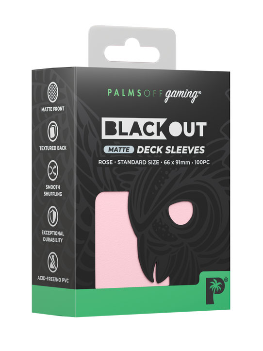 Palms Off Gaming Blackout standard size deck sleeves in rose, perfect for playing Pokémon, One Piece, Magic: The Gathering, Lorcana and more. Palms Off Gaming Blackout standard size deck sleeves in rose, perfect for playing Pokémon, One Piece, Magic: The Gathering, Lorcana and more.