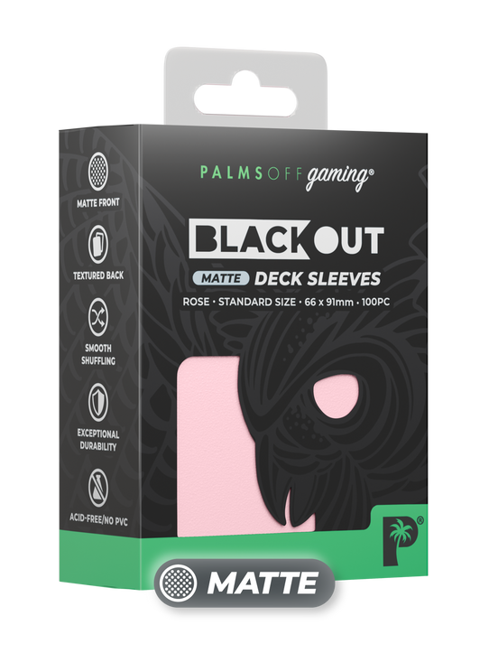 Palms Off Gaming Blackout standard size deck sleeves in rose, perfect for playing Pokémon, One Piece, Magic: The Gathering, Lorcana and more. Palms Off Gaming Blackout standard size deck sleeves in rose, perfect for playing Pokémon, One Piece, Magic: The Gathering, Lorcana and more.