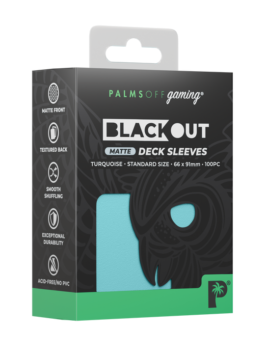 Palms Off Gaming Blackout standard size deck sleeves in turquoise, perfect for playing Pokémon, One Piece, Magic: The Gathering, Lorcana and more. Palms Off Gaming Blackout standard size deck sleeves in turquoise, perfect for playing Pokémon, One Piece, Magic: The Gathering, Lorcana and more.