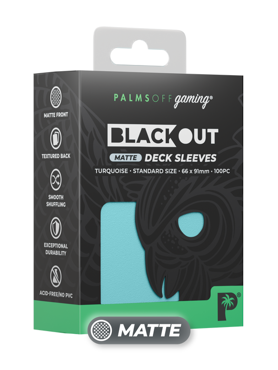 Palms Off Gaming Blackout standard size deck sleeves in turquoise, perfect for playing Pokémon, One Piece, Magic: The Gathering, Lorcana and more. Palms Off Gaming Blackout standard size deck sleeves in turquoise, perfect for playing Pokémon, One Piece, Magic: The Gathering, Lorcana and more.