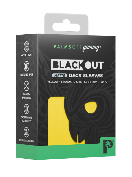 Palms Off Gaming Blackout standard size deck sleeves in yellow, perfect for playing Pokémon, One Piece, Magic: The Gathering, Lorcana and more.