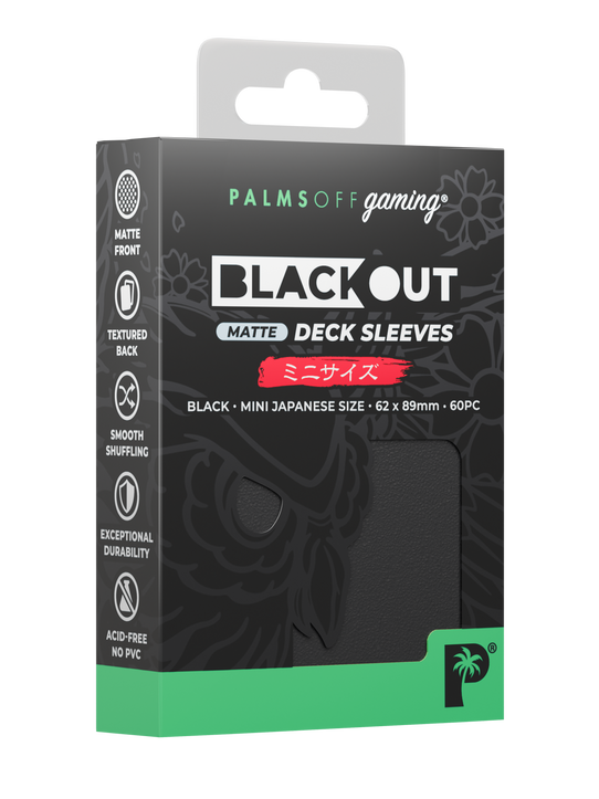 Palms Off Gaming Blackout Japanese mini size deck sleeves in black, perfect for playing Yu-Gi-Oh! and more. Palms Off Gaming Blackout Japanese mini size deck sleeves in black, perfect for playing Yu-Gi-Oh! and more.