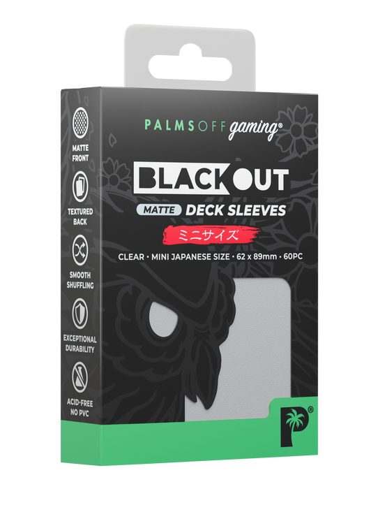 Palms Off Gaming Blackout Japanese mini size deck sleeves in clear, perfect for playing Yu-Gi-Oh! and more. Palms Off Gaming Blackout Japanese mini size deck sleeves in clear, perfect for playing Yu-Gi-Oh! and more.