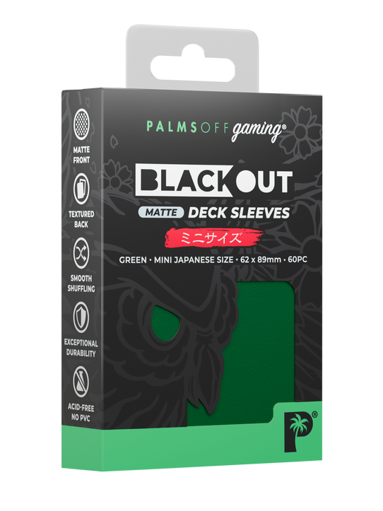 Palms Off Gaming Blackout Japanese mini size deck sleeves in green, perfect for playing Yu-Gi-Oh! and more. Palms Off Gaming Blackout Japanese mini size deck sleeves in green, perfect for playing Yu-Gi-Oh! and more.