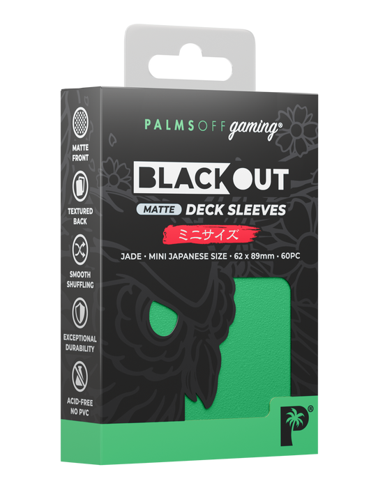 Palms Off Gaming Blackout Japanese mini size deck sleeves in jade, perfect for playing Yu-Gi-Oh! and more. Palms Off Gaming Blackout Japanese mini size deck sleeves in jade, perfect for playing Yu-Gi-Oh! and more.