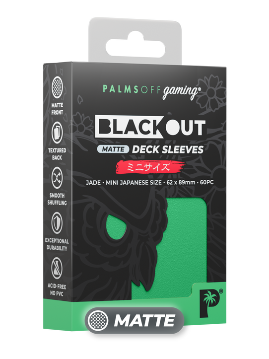 Palms Off Gaming Blackout Japanese mini size deck sleeves in jade, perfect for playing Yu-Gi-Oh! and more. Palms Off Gaming Blackout Japanese mini size deck sleeves in jade, perfect for playing Yu-Gi-Oh! and more.