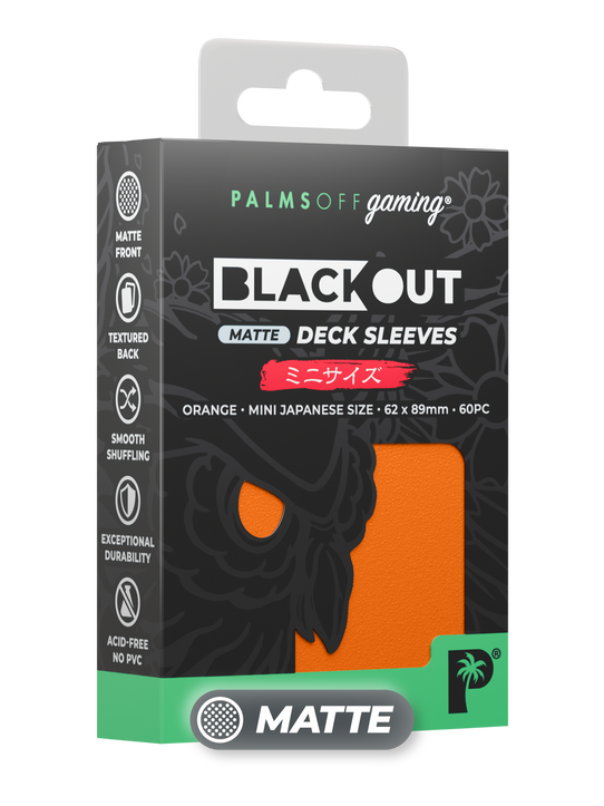 Palms Off Gaming Blackout Japanese mini size deck sleeves in orange, perfect for playing Yu-Gi-Oh! and more. Palms Off Gaming Blackout Japanese mini size deck sleeves in orange, perfect for playing Yu-Gi-Oh! and more.