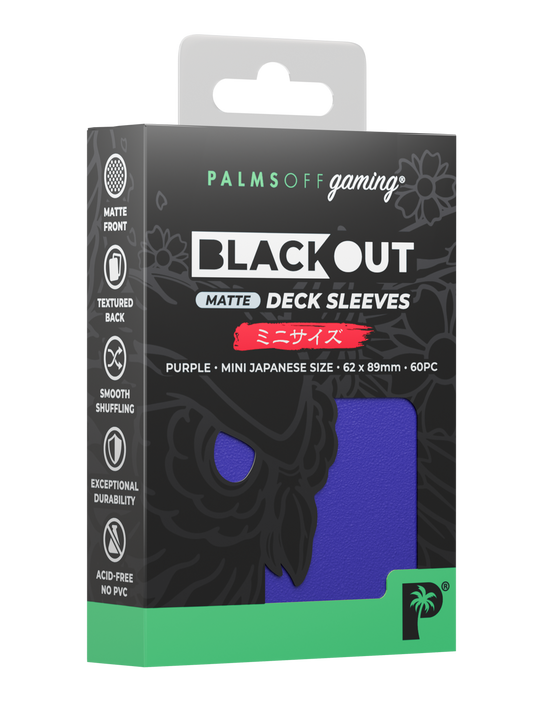 Palms Off Gaming Blackout Japanese mini size deck sleeves in purple, perfect for playing Yu-Gi-Oh! and more. Palms Off Gaming Blackout Japanese mini size deck sleeves in purple, perfect for playing Yu-Gi-Oh! and more.