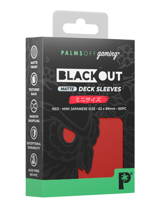 Palms Off Gaming Blackout Japanese mini size deck sleeves in red, perfect for playing Yu-Gi-Oh! and more. Palms Off Gaming Blackout Japanese mini size deck sleeves in red, perfect for playing Yu-Gi-Oh! and more.