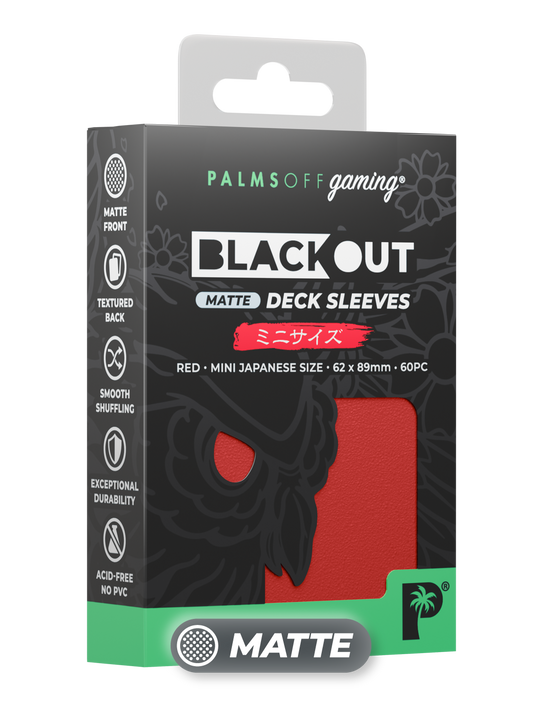 Palms Off Gaming Blackout Japanese mini size deck sleeves in red, perfect for playing Yu-Gi-Oh! and more. Palms Off Gaming Blackout Japanese mini size deck sleeves in red, perfect for playing Yu-Gi-Oh! and more.