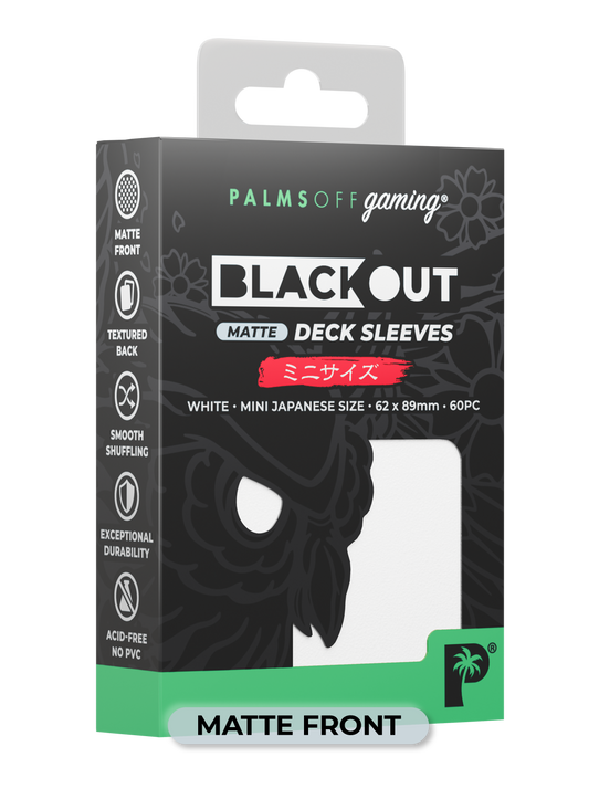 Palms Off Gaming Blackout Japanese mini size deck sleeves in white, perfect for playing Yu-Gi-Oh! and more.