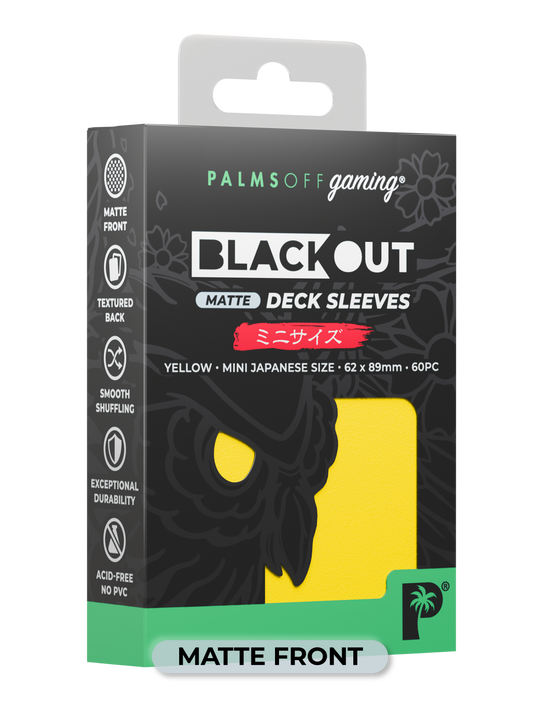 Palms Off Gaming Blackout Japanese mini size deck sleeves in yellow, perfect for playing Yu-Gi-Oh! and more.