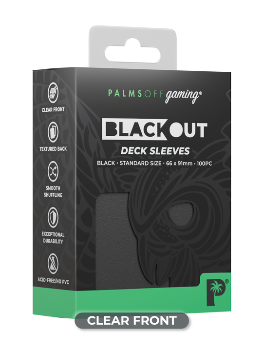 Palms Off Gaming Blackout standard size deck sleeves in black, perfect for playing Pokémon, One Piece, Magic: The Gathering, Lorcana and more. Palms Off Gaming Blackout standard size deck sleeves in black, perfect for playing Pokémon, One Piece, Magic: The Gathering, Lorcana and more.