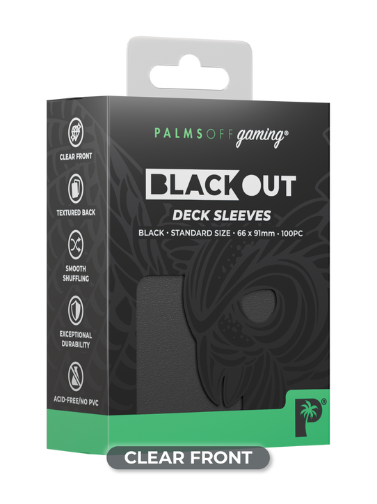 Palms Off Gaming Blackout standard size deck sleeves in black, perfect for playing Pokémon, One Piece, Magic: The Gathering, Lorcana and more.