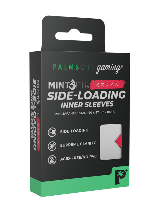 Palms Off Gaming MintFit Japanese mini size side-loading inner sleeves, designed to perfectly fit Japanese mini size trading cards such as Yu-Gi-Oh! and more. Palms Off Gaming MintFit Japanese mini size side-loading inner sleeves, designed to perfectly fit Japanese mini size trading cards such as Yu-Gi-Oh! and more.