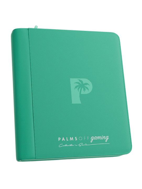 Palms Off Gaming turquoise 4 pocket top loader zip binder with PU leather cover, holds 128 standard 35pt top loaders for Pokémon, MTG, Yu-Gi-Oh! and more.