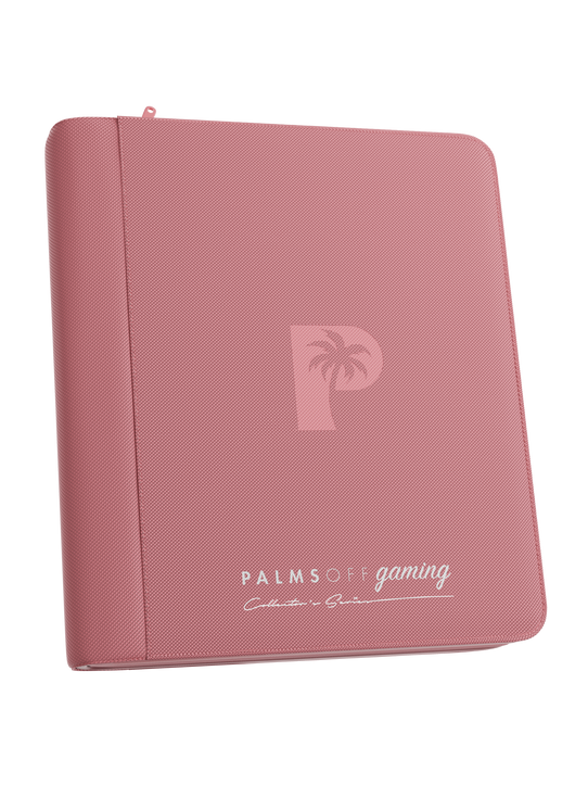 Palms Off Gaming pink 4 pocket top loader zip binder with PU leather cover, holds 128 standard 35pt top loaders for Pokémon, MTG, Yu-Gi-Oh! and more.