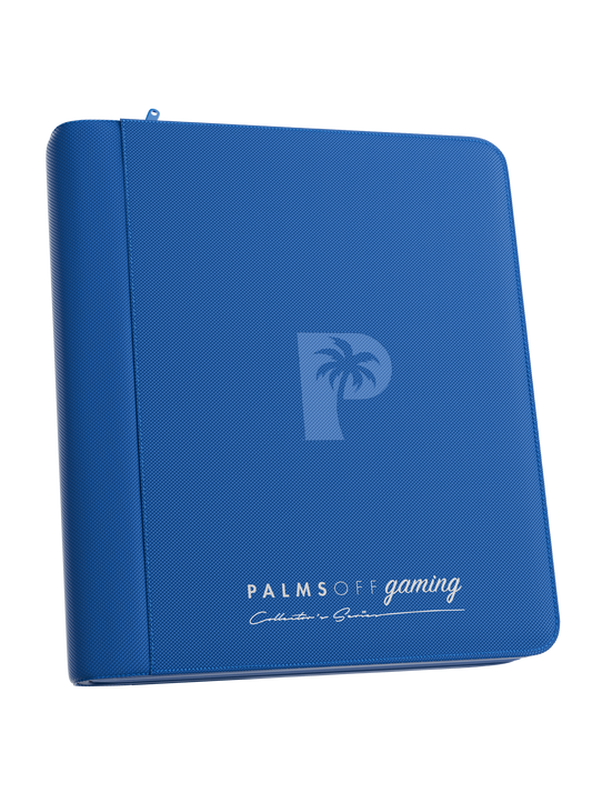 Palms Off Gaming blue 4 pocket top loader zip binder with PU leather cover, holds 128 standard 35pt top loaders for Pokémon, MTG, Yu-Gi-Oh! and more.