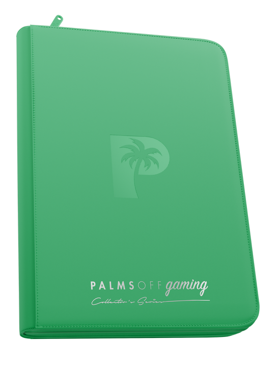 Palms Off Gaming green 9 pocket top loader zip binder with PU leather cover, holds 216 standard 35pt top loaders for Pokémon, MTG, Yu-Gi-Oh! and more.