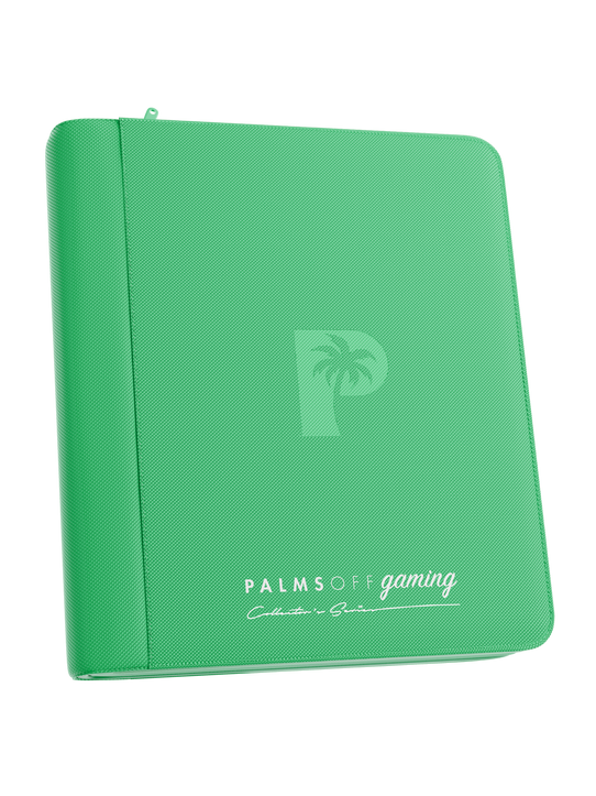 Palms Off Gaming green 4 pocket top loader zip binder with PU leather cover, holds 128 standard 35pt top loaders for Pokémon, MTG, Yu-Gi-Oh! and more.