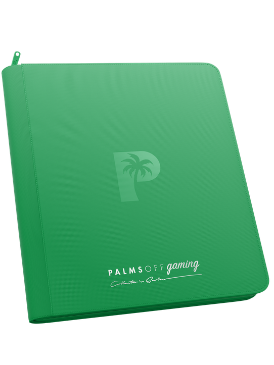 Palms Off Gaming Collector’s Series green 12 pocket zip binder with PU leather cover, holds 480 Pokémon, MTG, Yu-Gi-Oh! Trading cards and more.