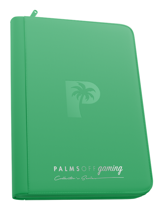 Palms Off Gaming Collector’s Series green 9 pocket zip binder with PU leather cover, holds 360 Pokémon, MTG, Yu-Gi-Oh! Trading cards and more.