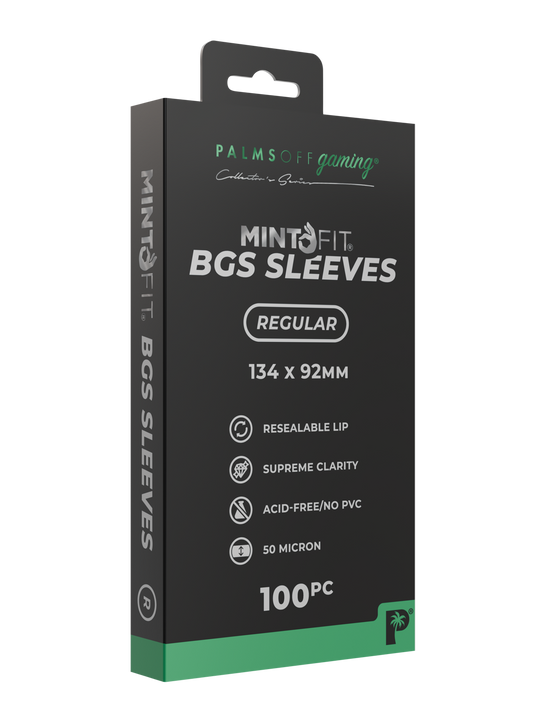 Palms Off Gaming MintFit BGS sleeves, designed to perfectly fit BGS graded trading card slabs with a tapered, resealable lip.